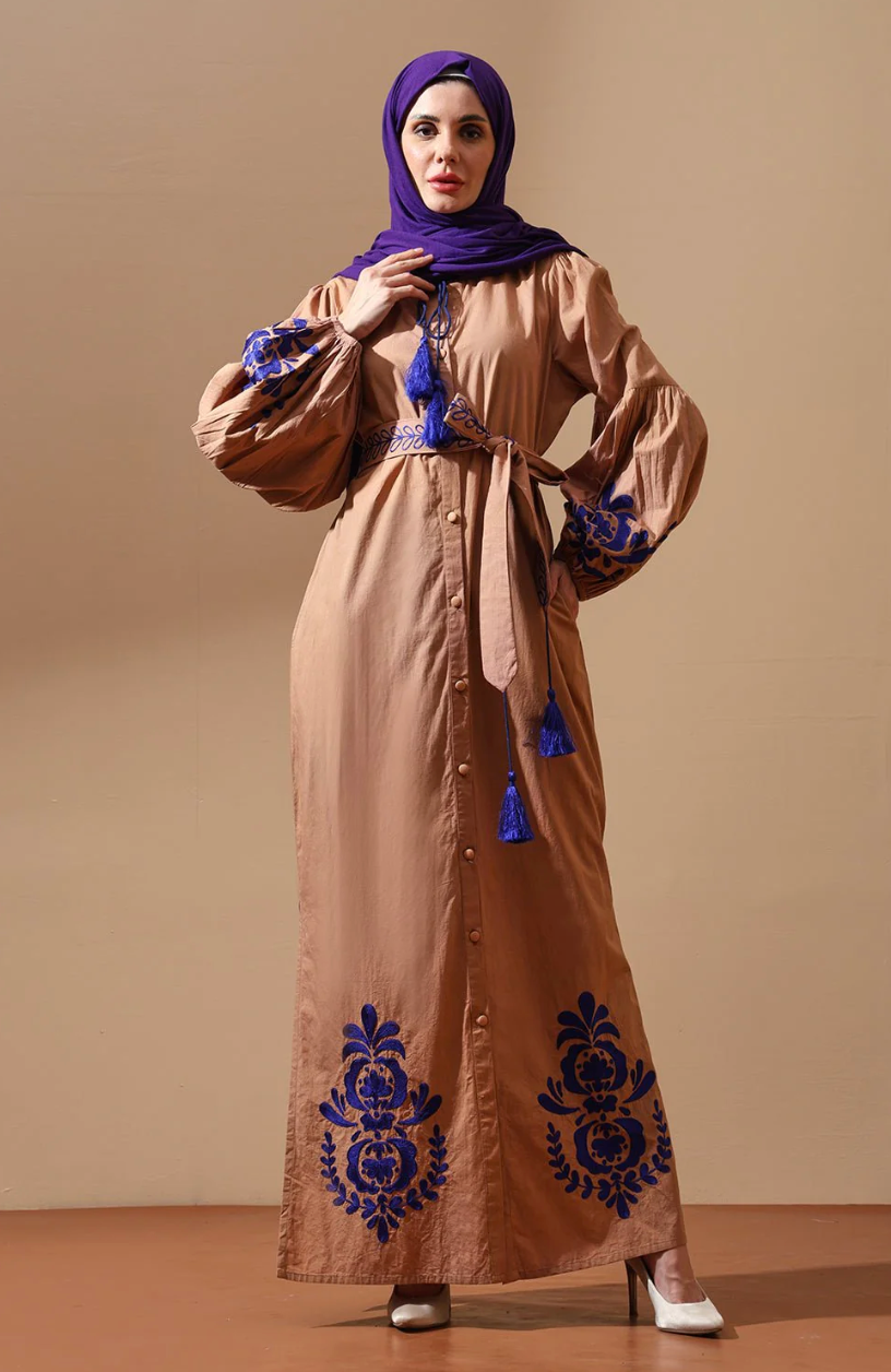 Royal Indigo Embroidered Camel Maxi Shirt Dress