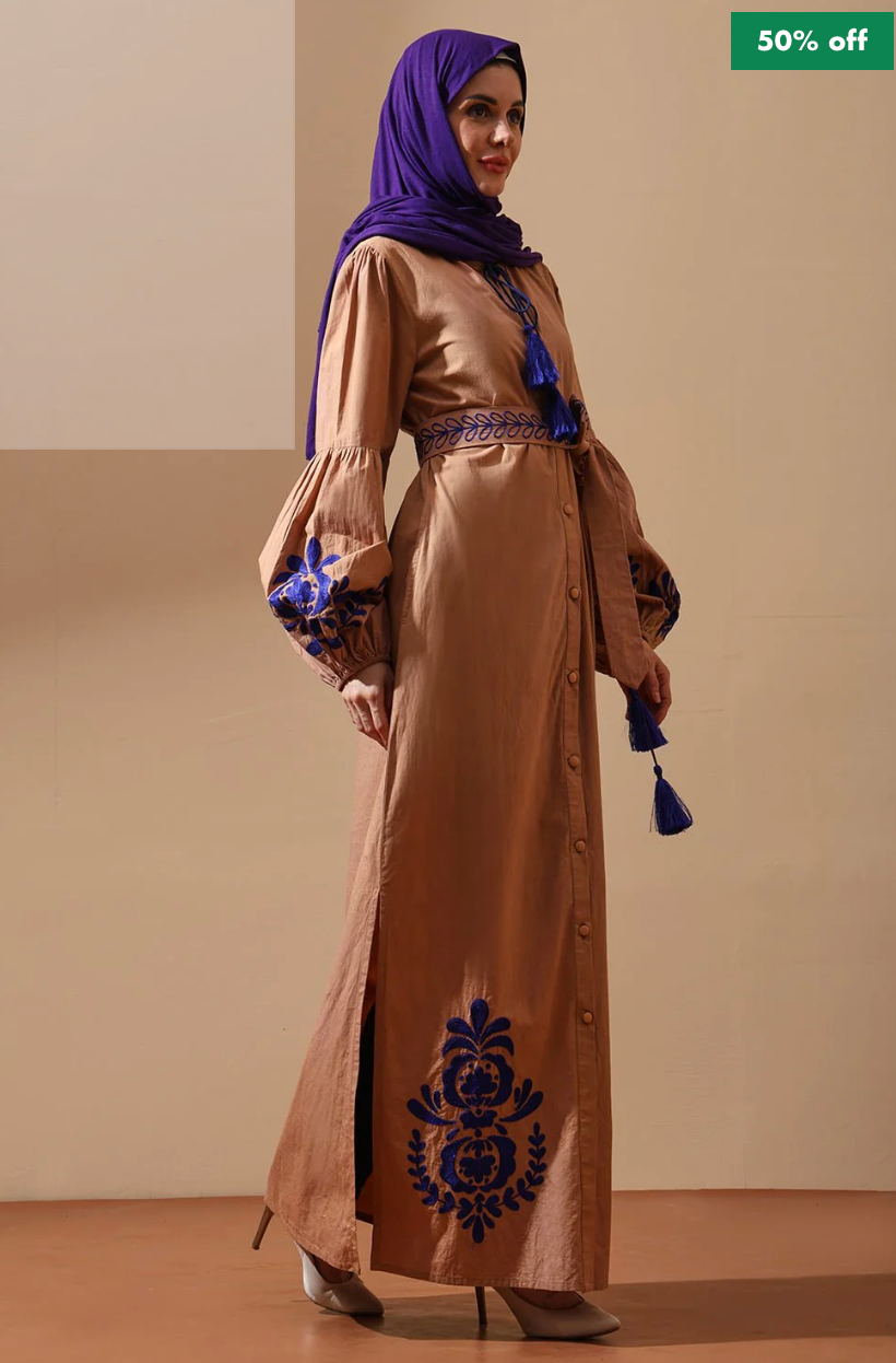 Royal Indigo Embroidered Camel Maxi Shirt Dress